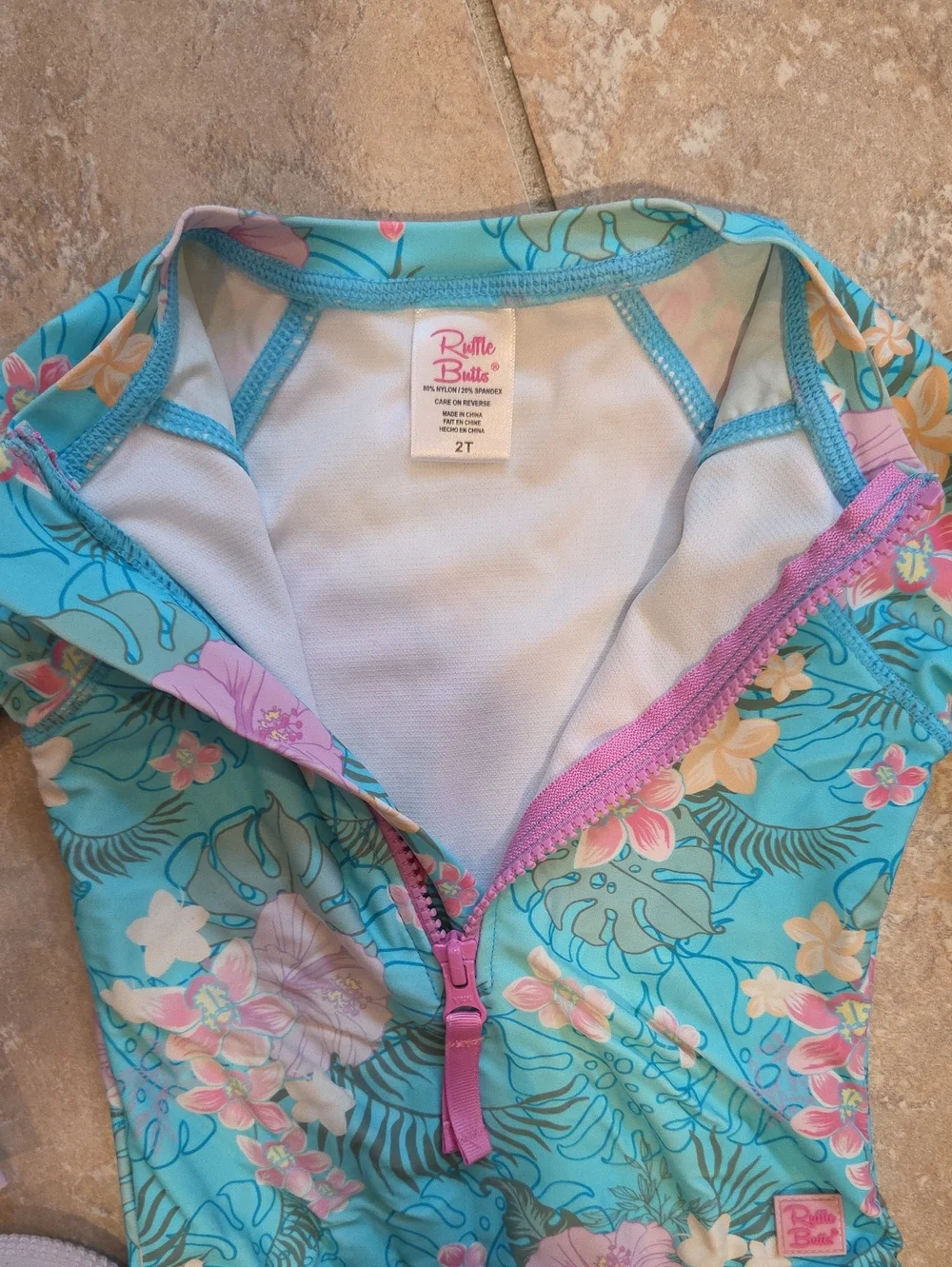 Rufflebutts 2T Girls' Floral Long-Sleeve Swim Onesie - Turquoise Pink